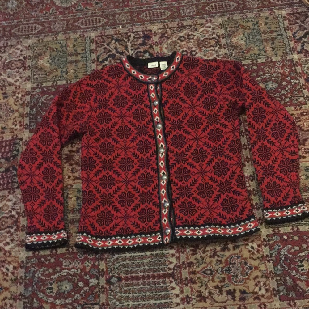 LL Bean Wool Nordic Snowflake Cardigan Sweater